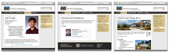 Screenshots of a few pages from the UCCS University Advancement website